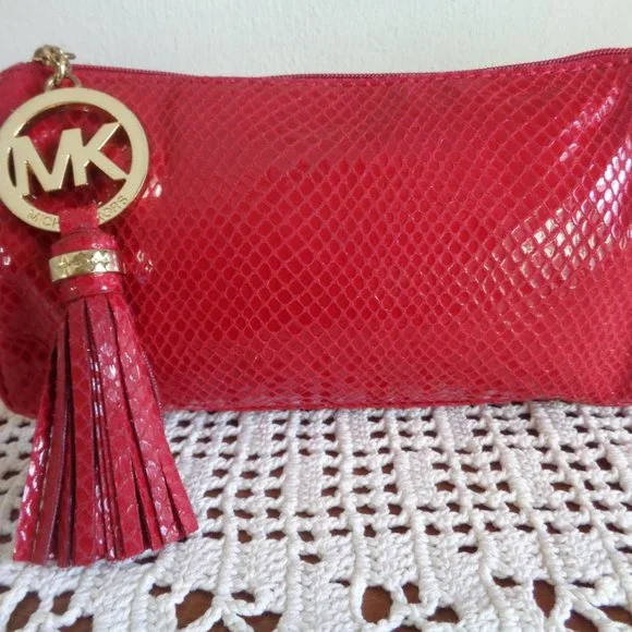 Michael Kors Clutch Evening Bag Cosmetic Case Make Up Pouch Red Snakeskin Look - Picture 12 of 12